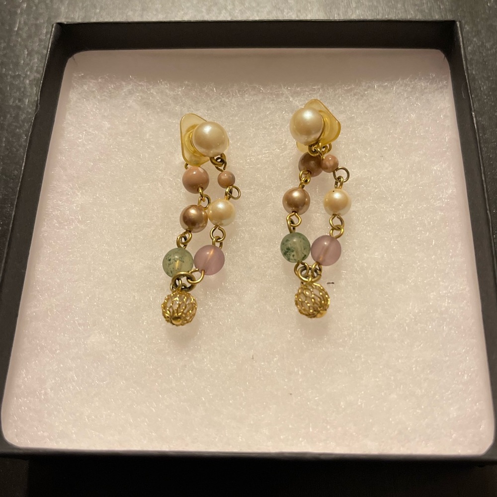 Vintage Art Deco LCi Front Back Jacket Drop Pearl Gem Gold Pierced Earrings